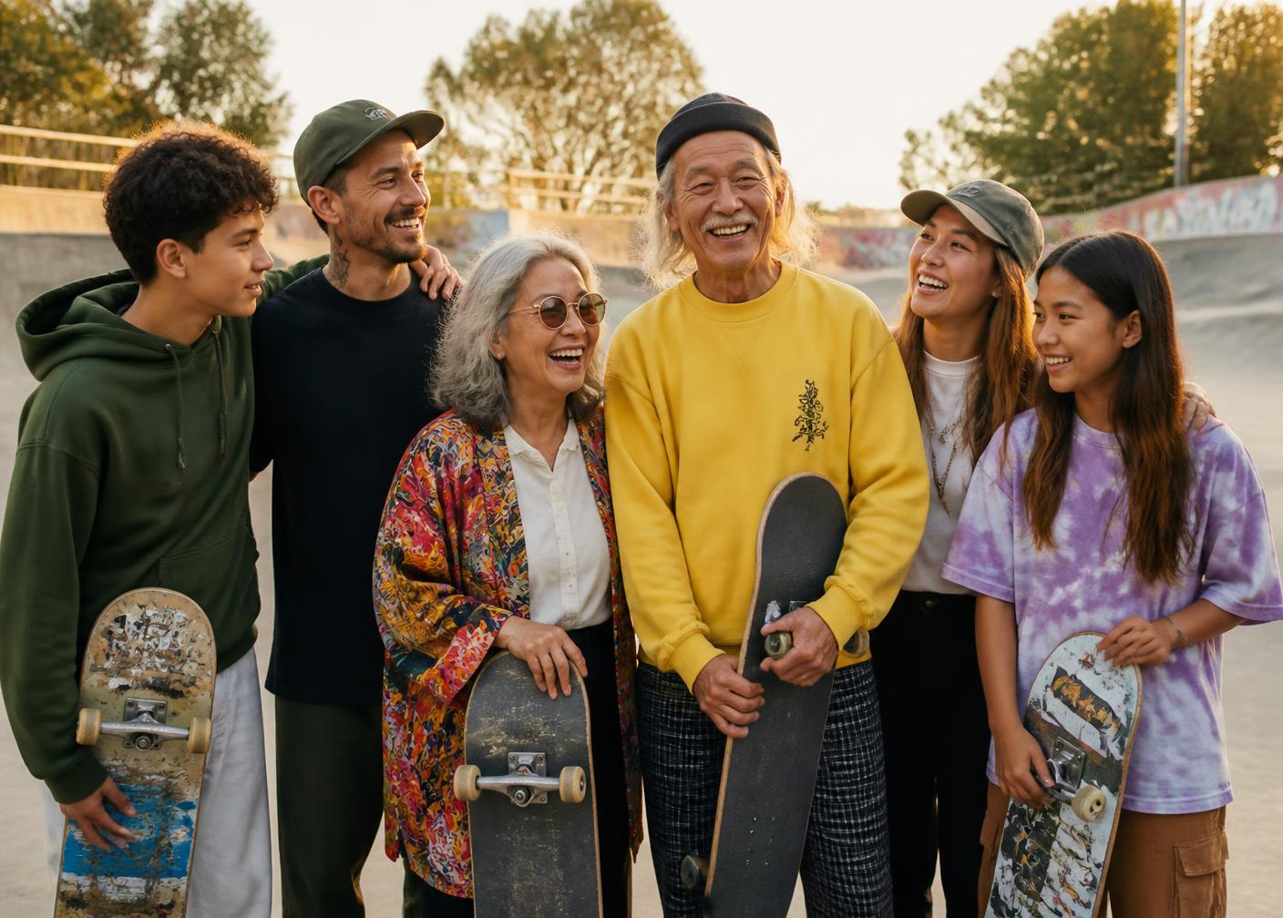Skaters of different ages together at a Denver skatepark