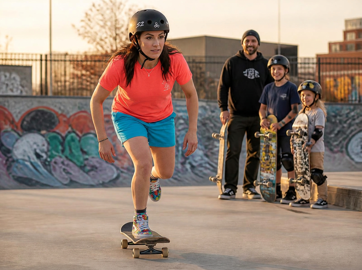 Adult woman skateboarding at a Denver skatepark with a coach and two kids watching